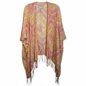 Billabong Pink Yellow Geometric Print Kimono Cardigan Fringe One Size Boho Beach